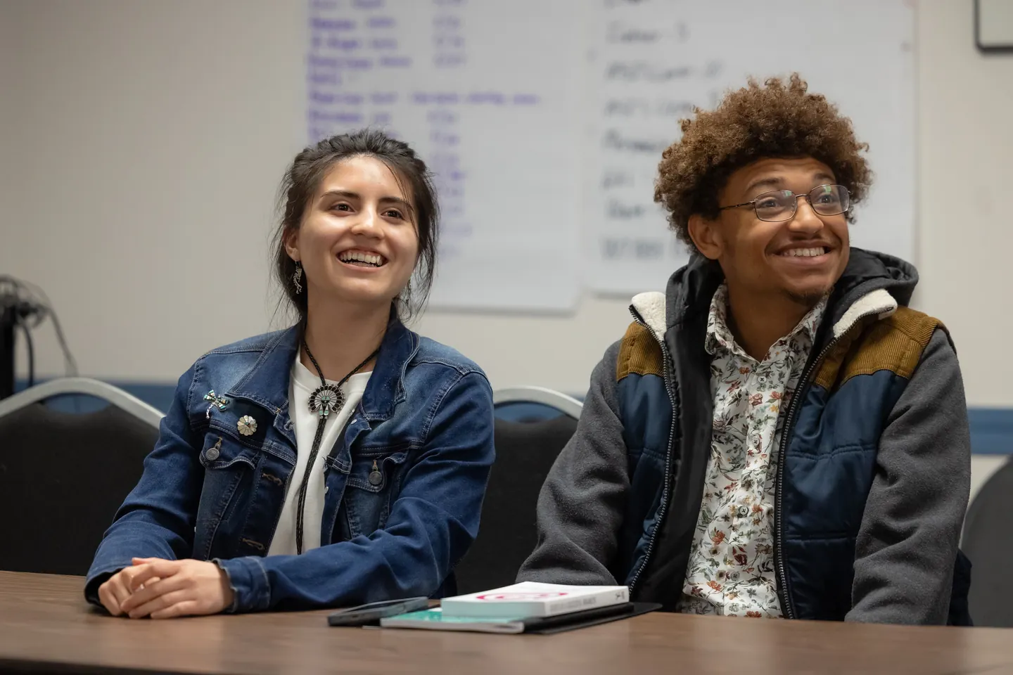 Two young Wisconsinites smile during a Badger Youth Organizing meeting.